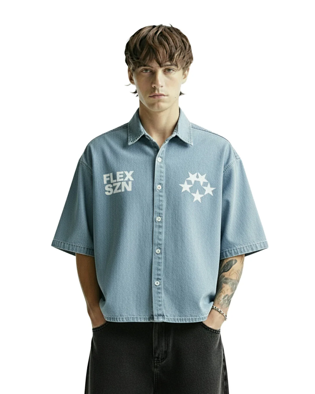 Flex Szn Blue Half Sleeve Denim Shirt - Image 2