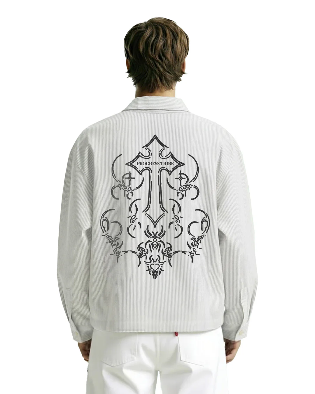 Progress Tribe Full Sleeves Grey and White Striped Shirt